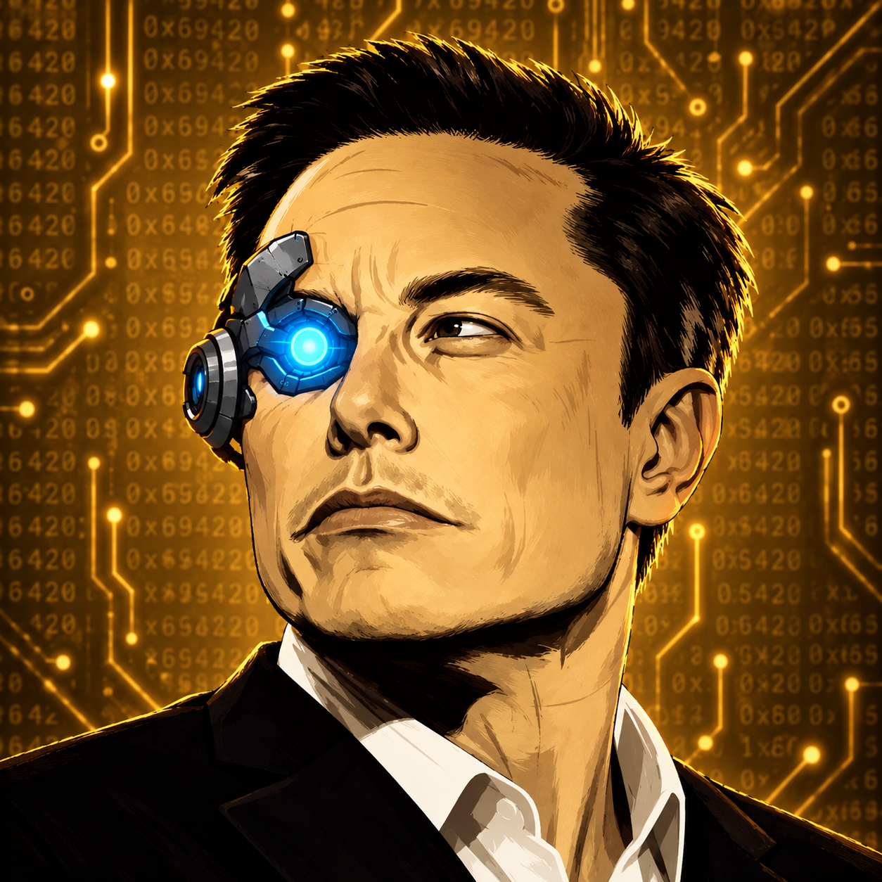 Artificial Elon with a glowing blue cybernetic eye against golden circuitry